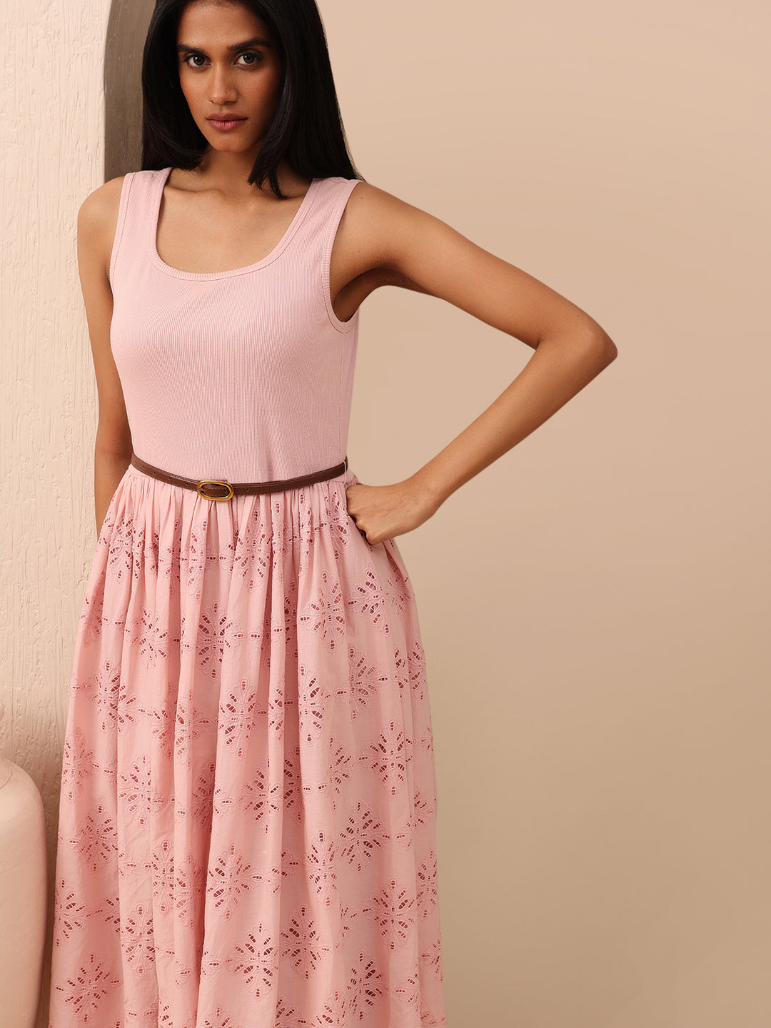 Pink Lace Cotton Midi Dress