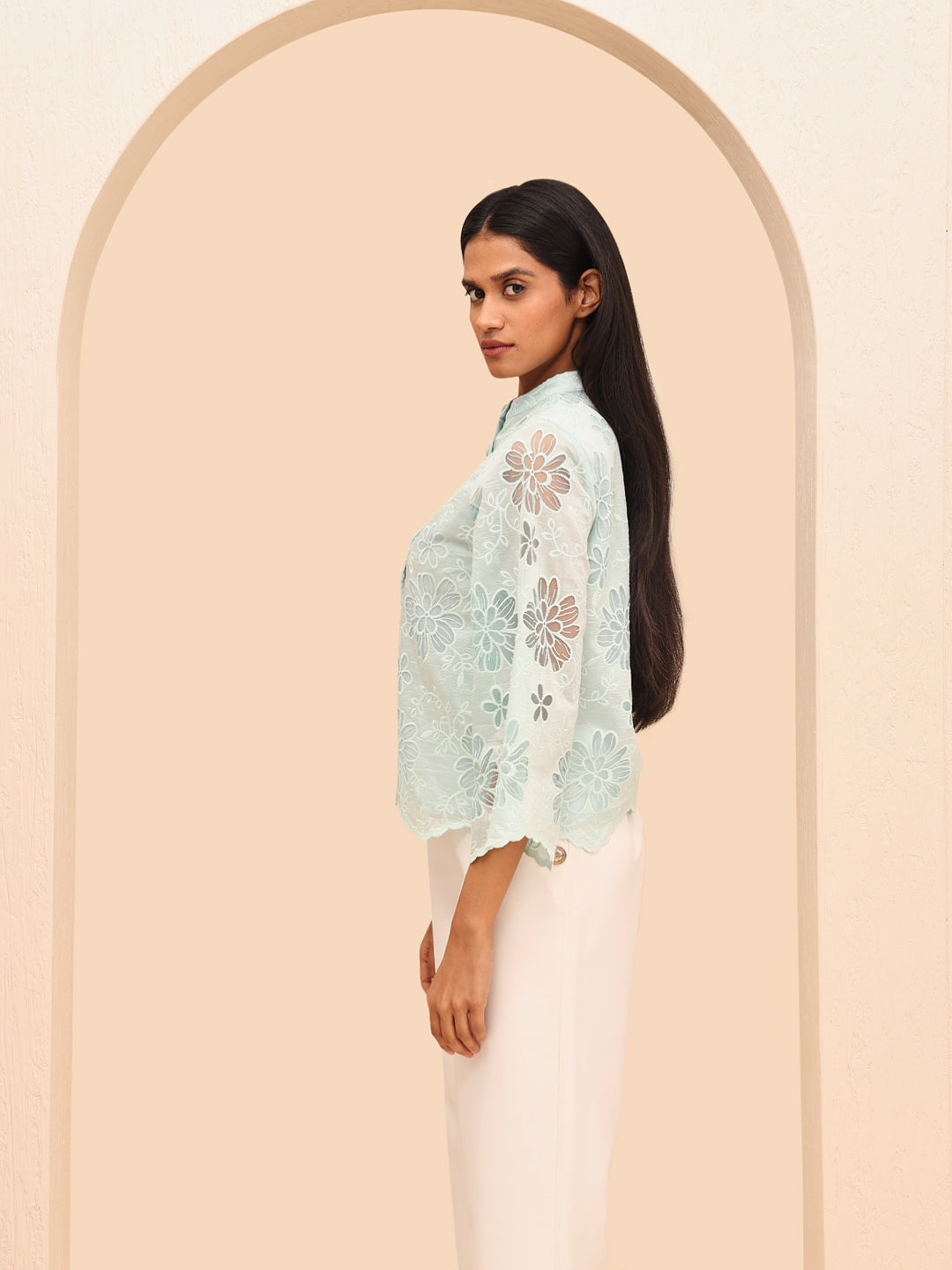 Blue Floral Embroidered Shirt