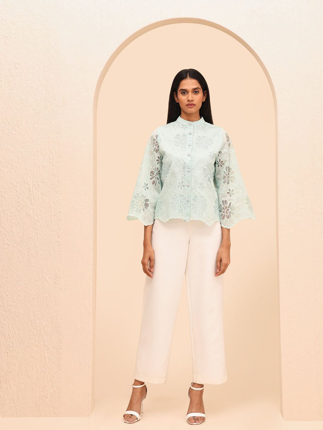 Blue Floral Embroidered Shirt