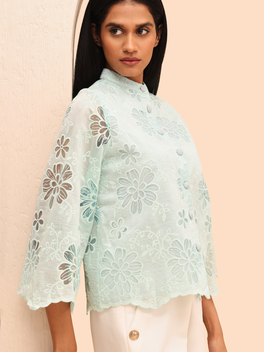 Blue Floral Embroidered Shirt