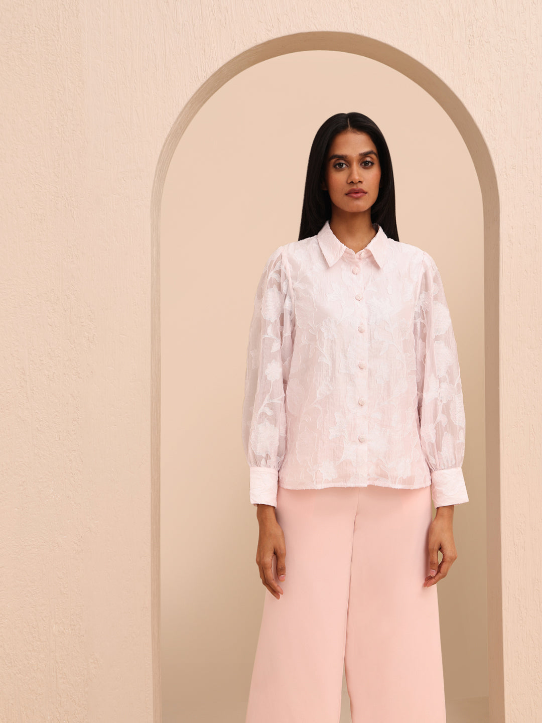 Pink Embroidered Cuffed Sleeves Shirt