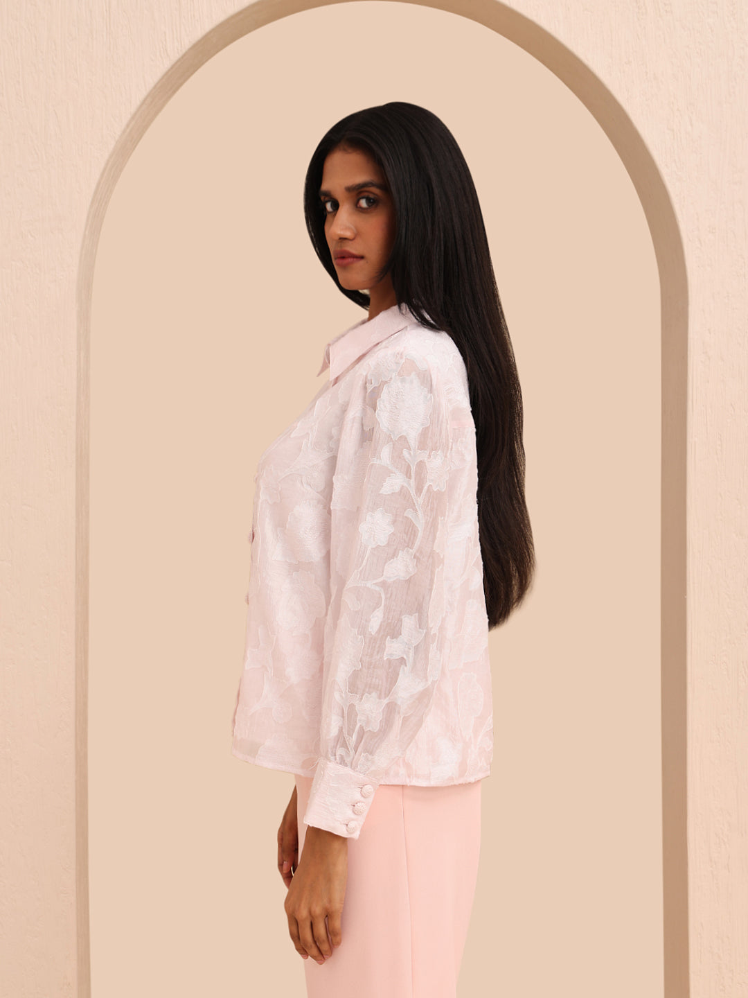 Pink Embroidered Cuffed Sleeves Shirt