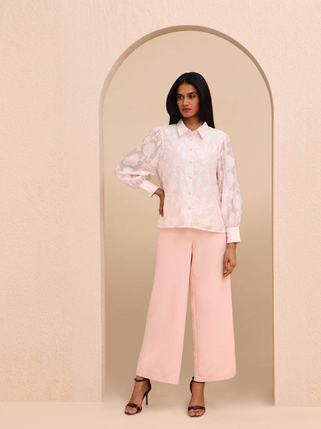 Pink Embroidered Cuffed Sleeves Shirt