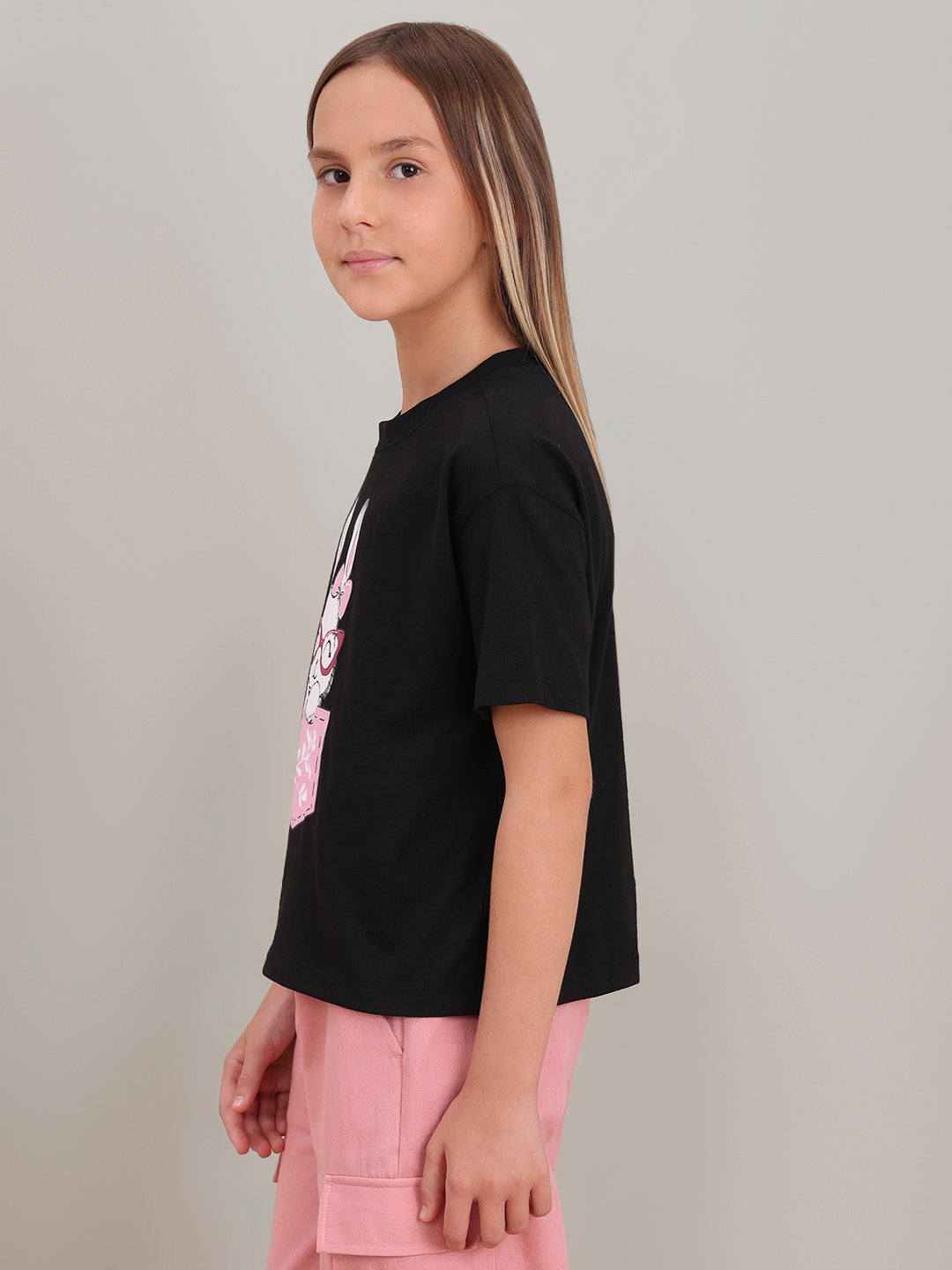 GIRL Black Printed Cotton T-shirt