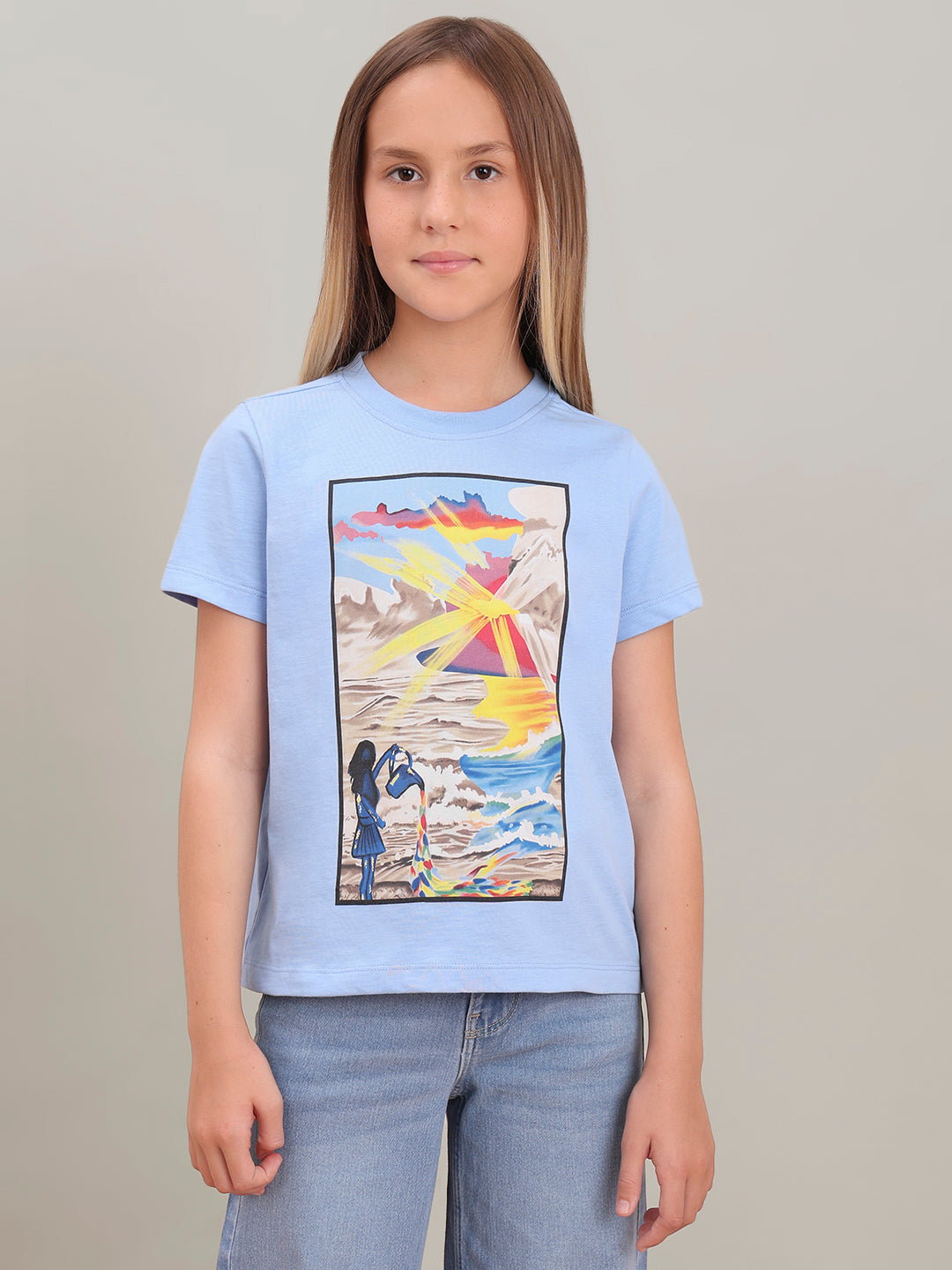 GIRL Blue Printed Cotton T-shirt