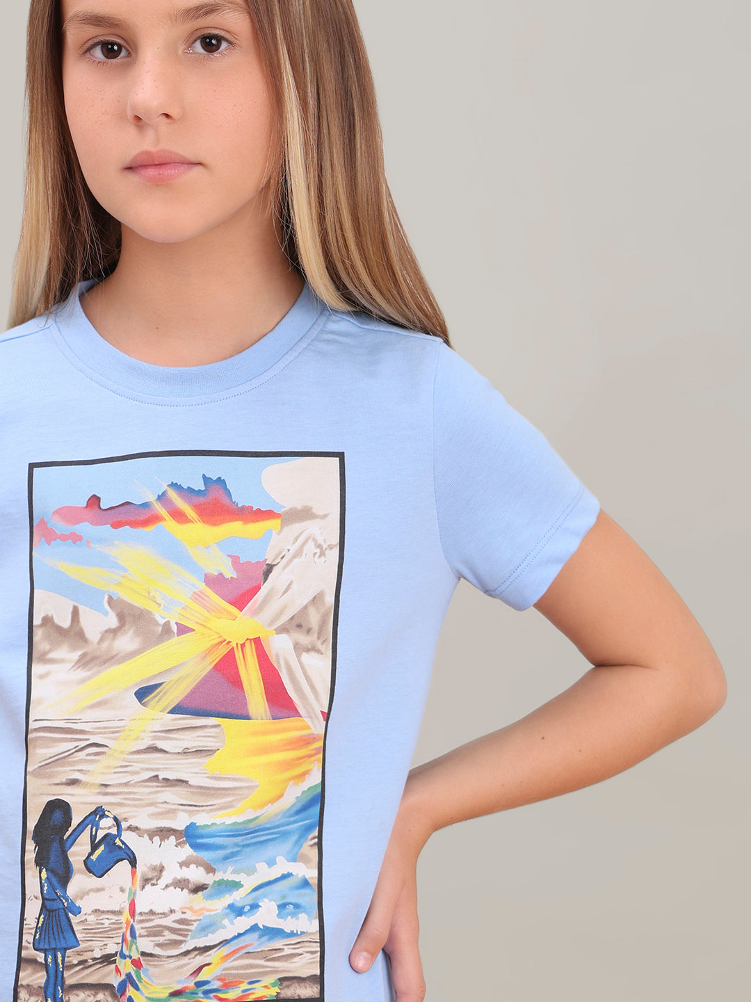 GIRL Blue Printed Cotton T-shirt