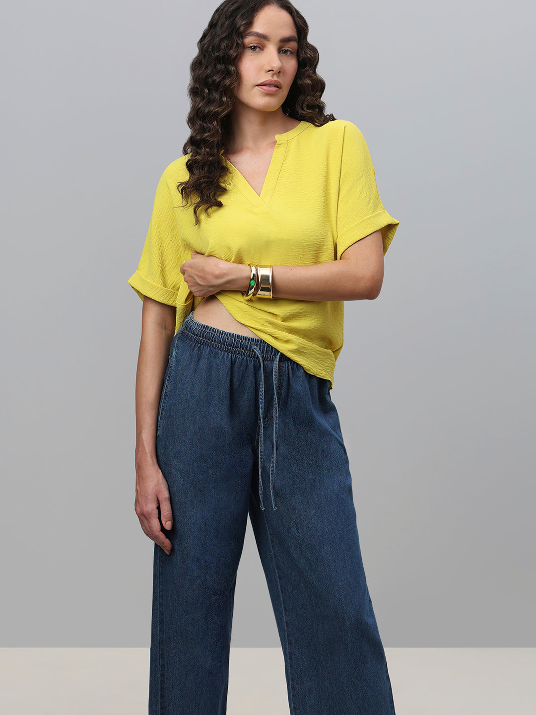 V-Neck Textured Top - Yellow