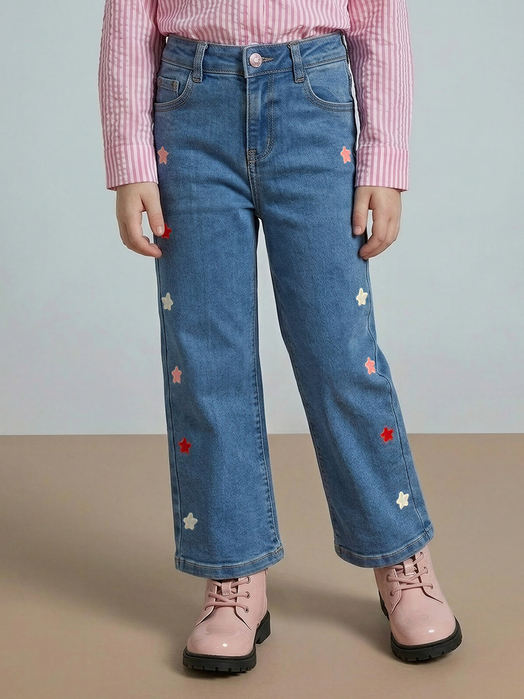 GIRLS Dark Blue Embroidered Wide Leg Jeans
