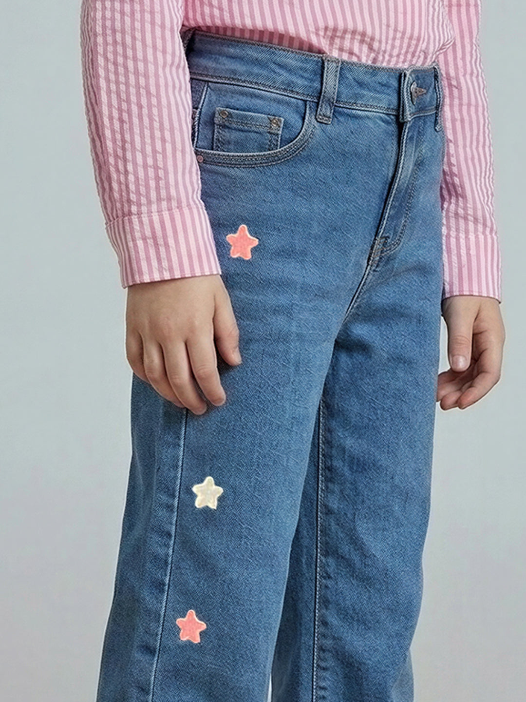 GIRLS Dark Blue Embroidered Wide Leg Jeans
