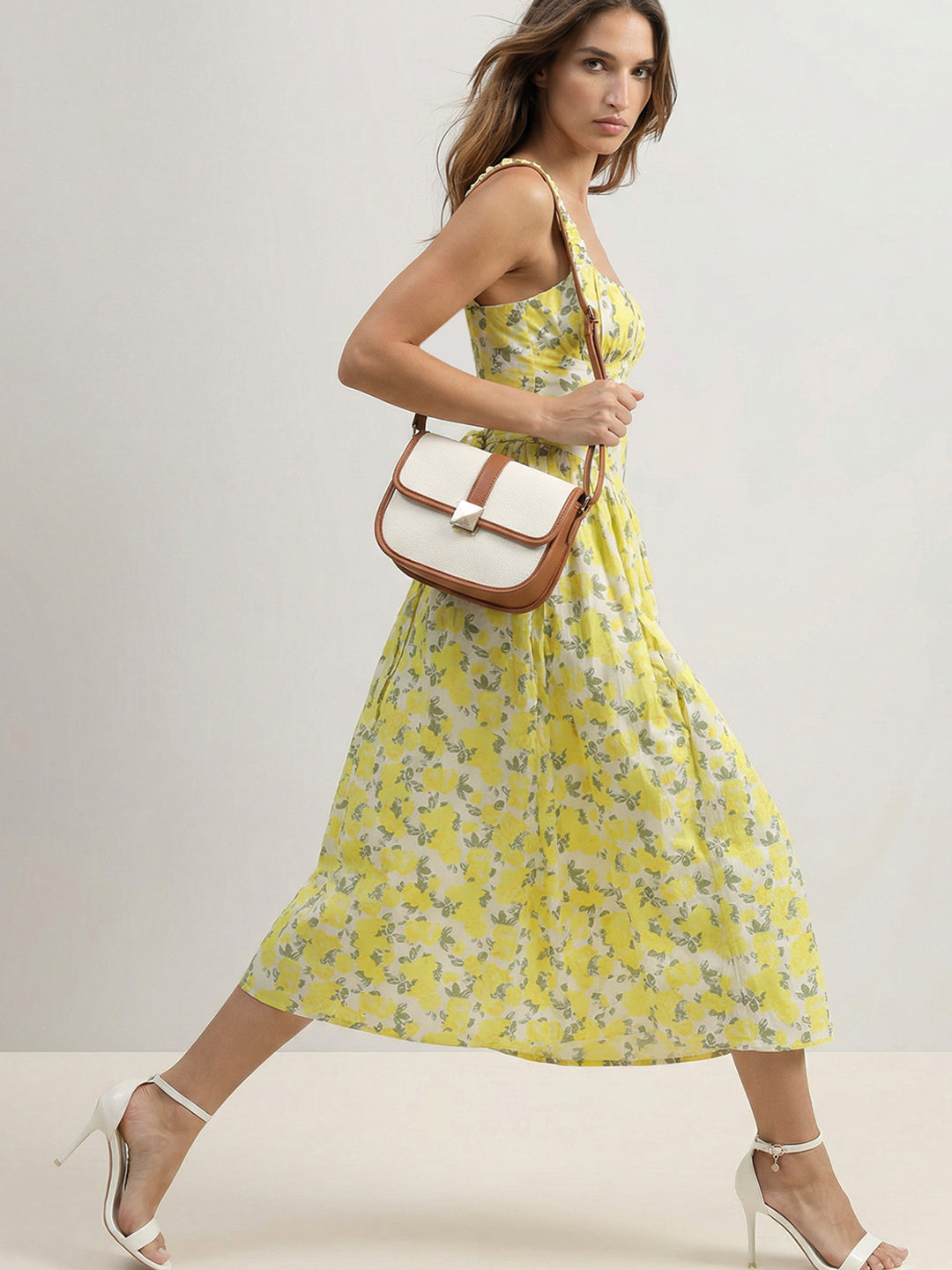 Yellow Floral Flowy Midi Dress