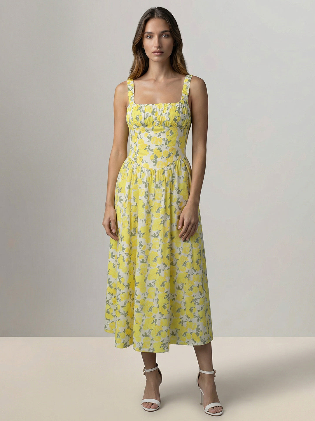 Yellow Floral Flowy Midi Dress