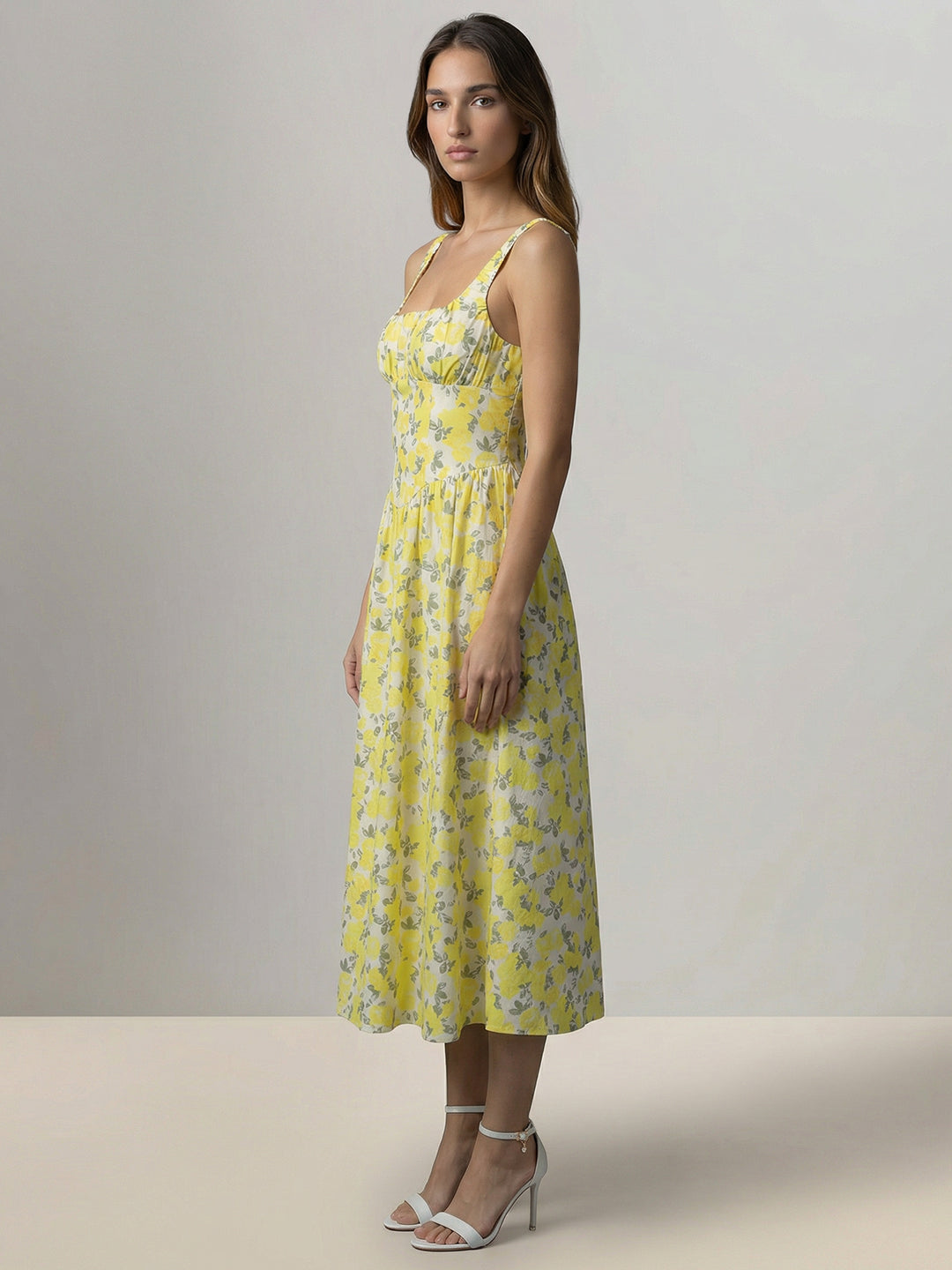 Yellow Floral Flowy Midi Dress