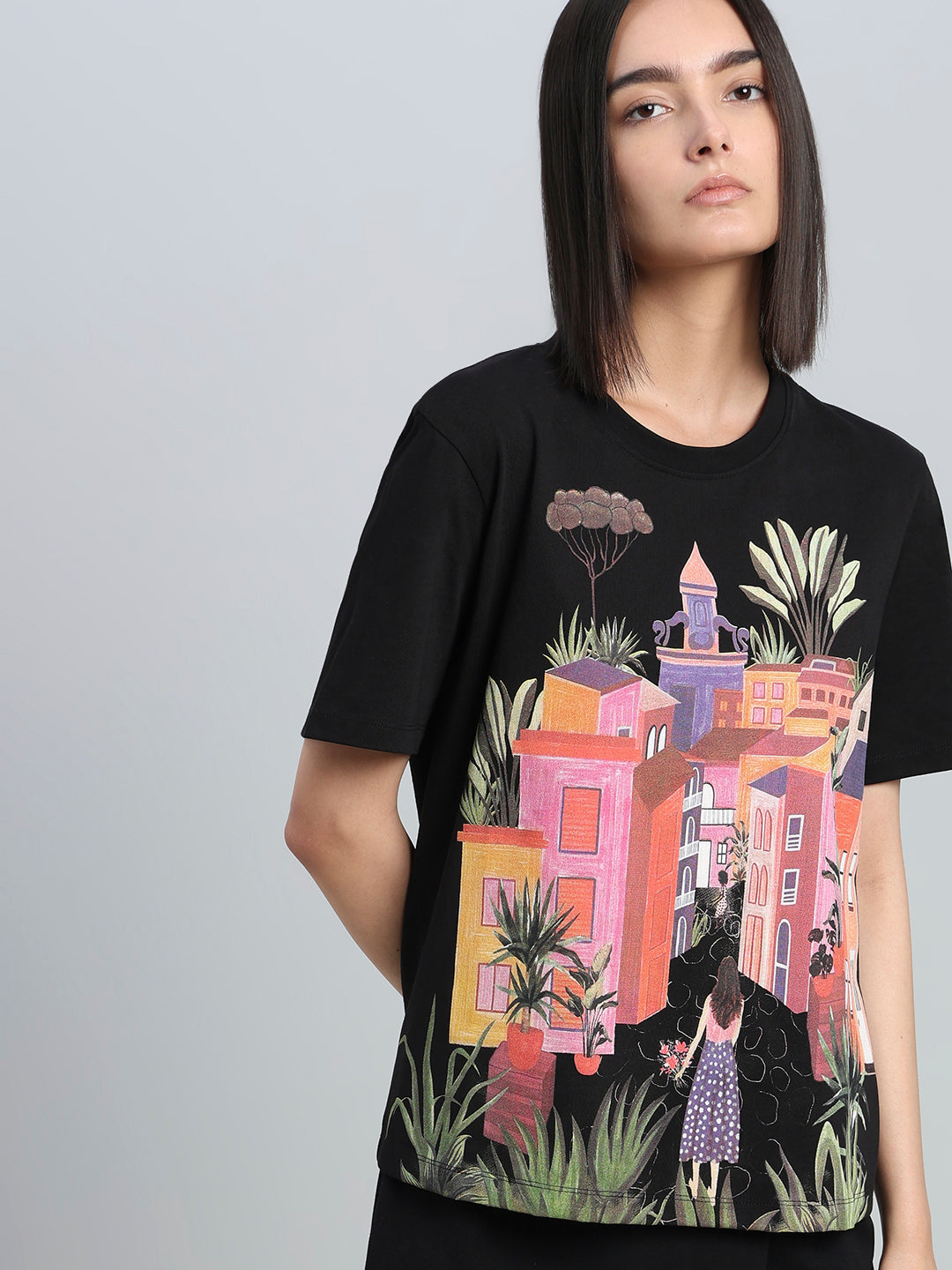 Black Printed Cotton T-shirt