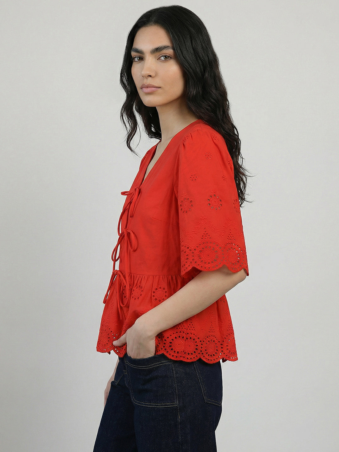 Red Broderie Peplum Top