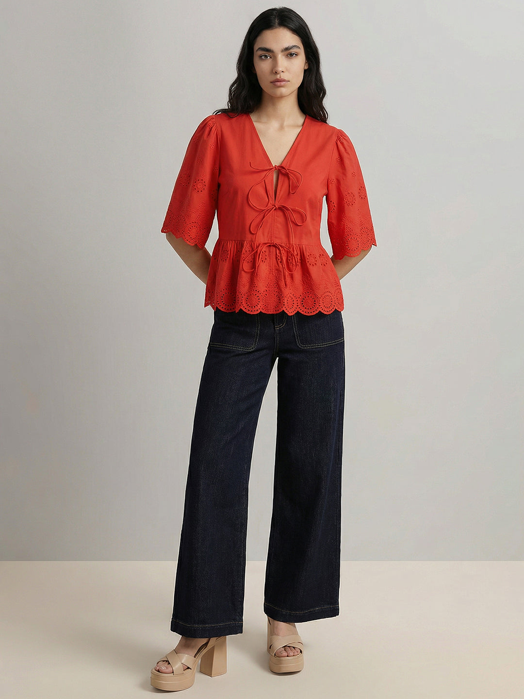 Red Broderie Peplum Top