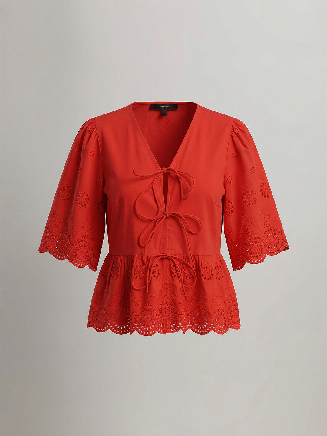 Red Broderie Peplum Top