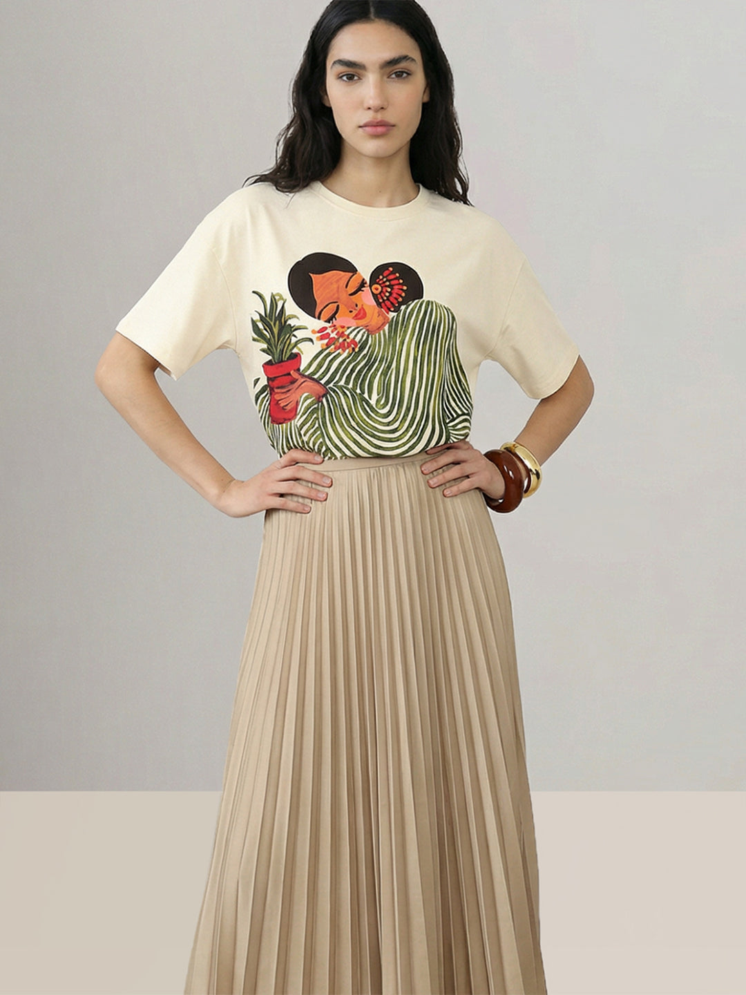 Ecru Printed Cotton T-shirt