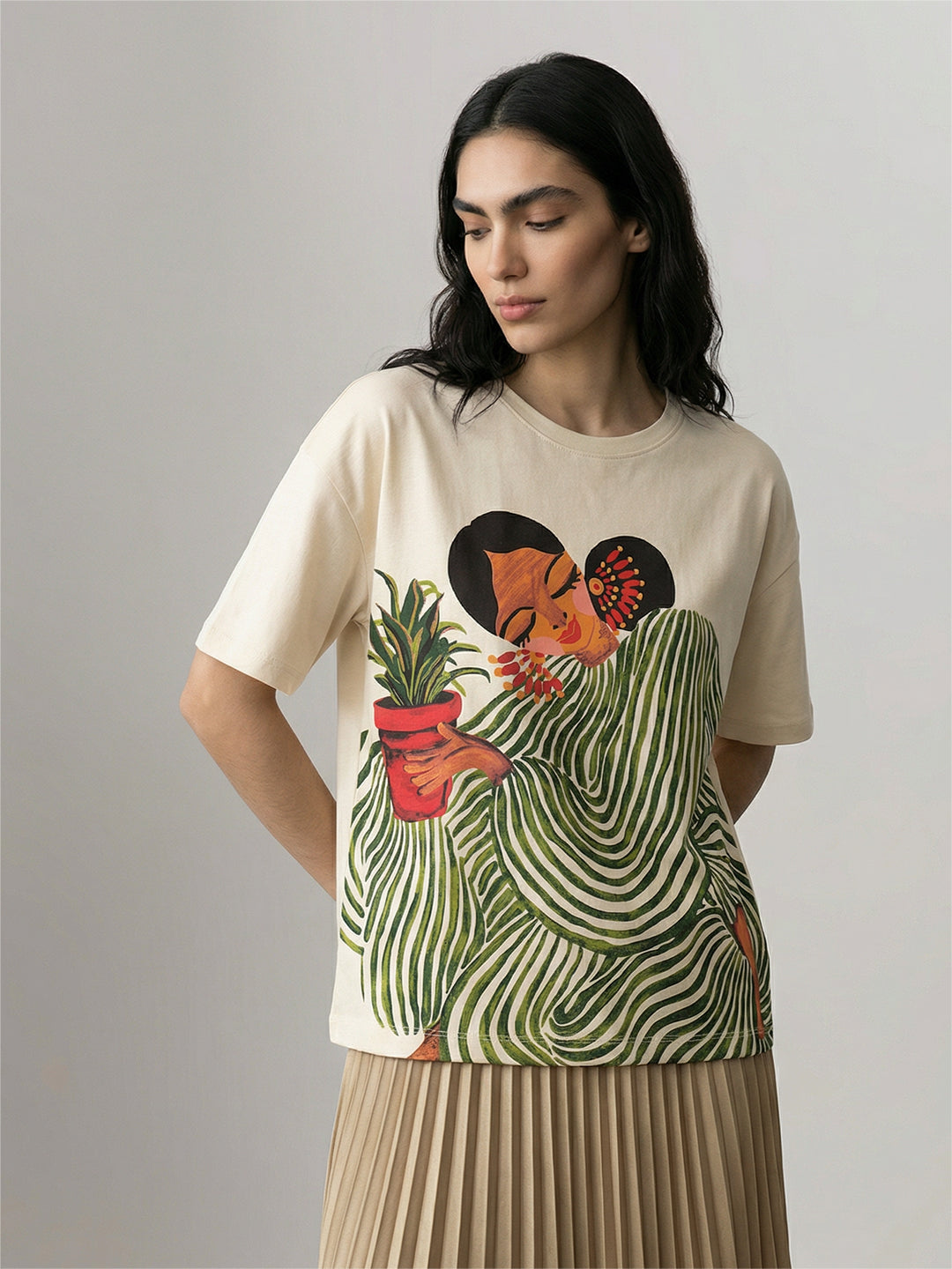 Ecru Printed Cotton T-shirt