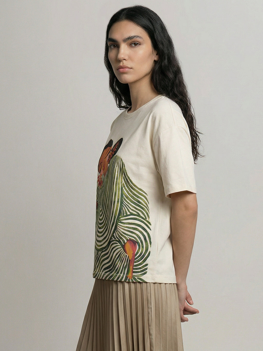Ecru Printed Cotton T-shirt