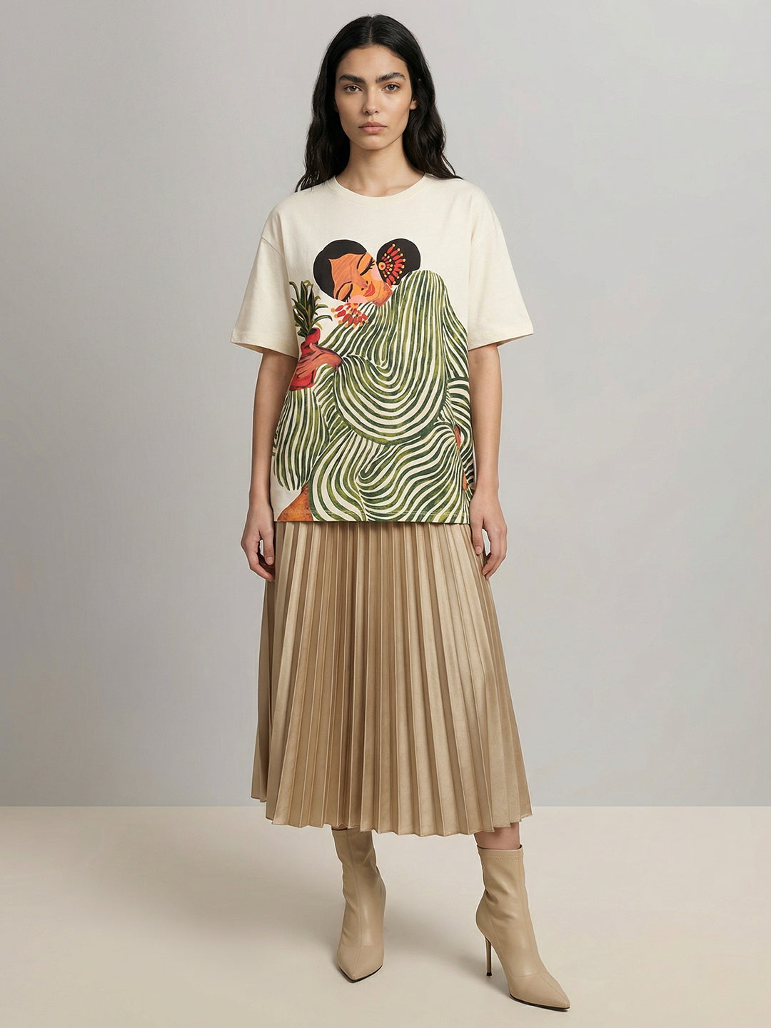 Ecru Printed Cotton T-shirt