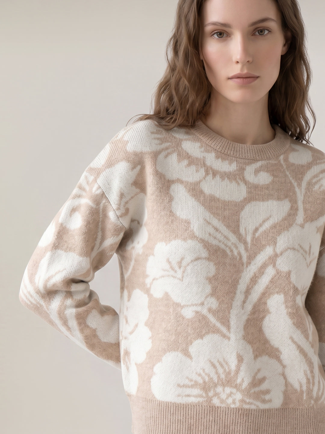 Beige Animal Print O-Neck Pullover