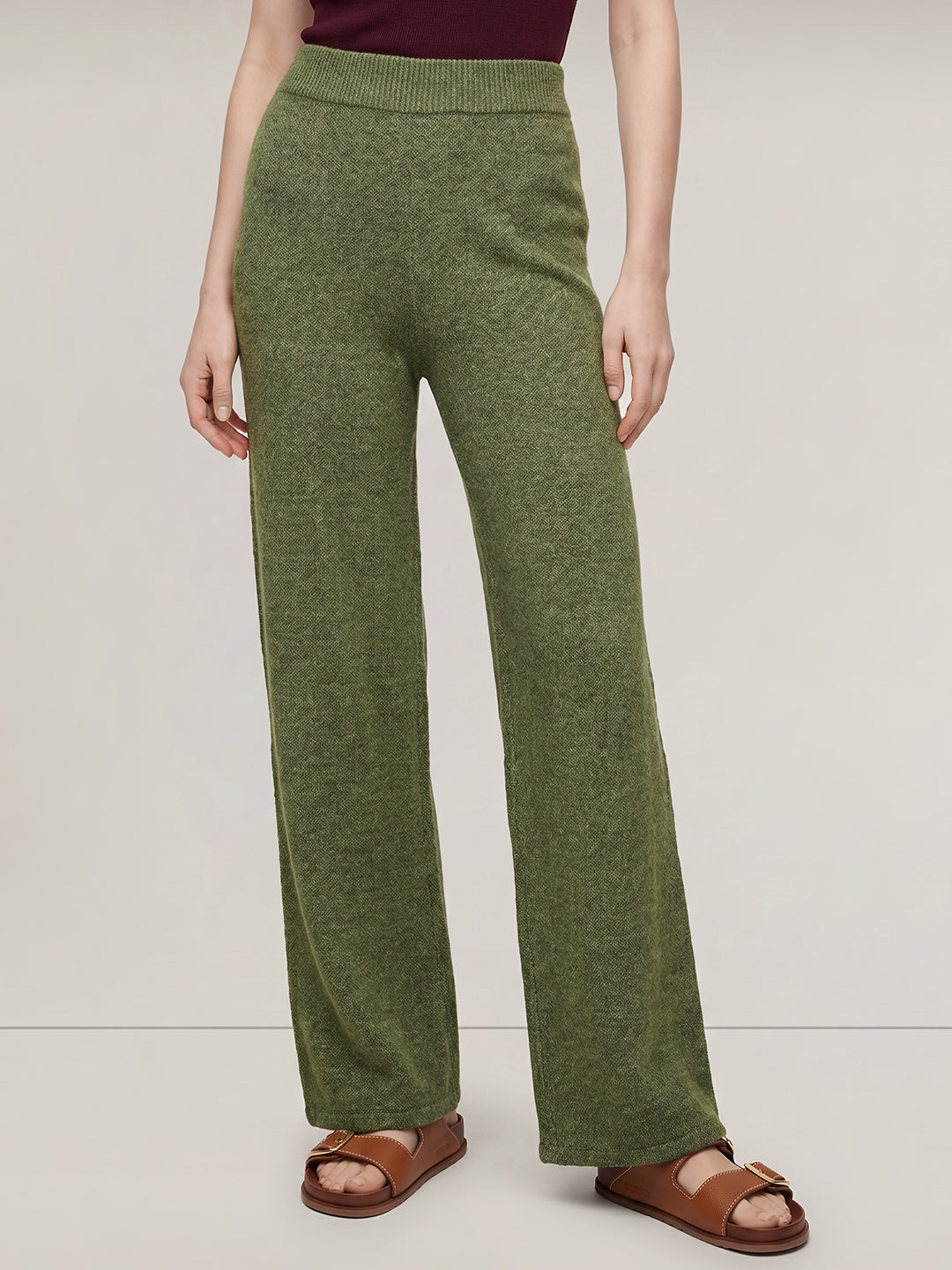Green Ribbed Loose Fit Pants