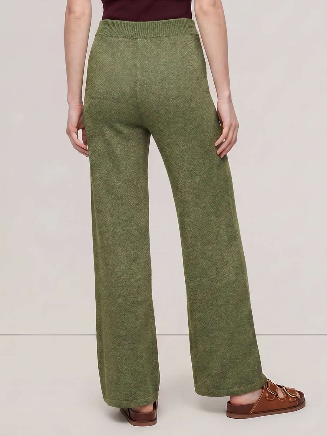 Green Ribbed Loose Fit Pants