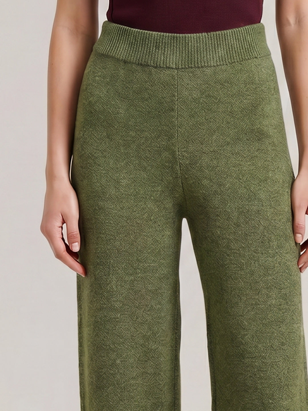Green Ribbed Loose Fit Pants