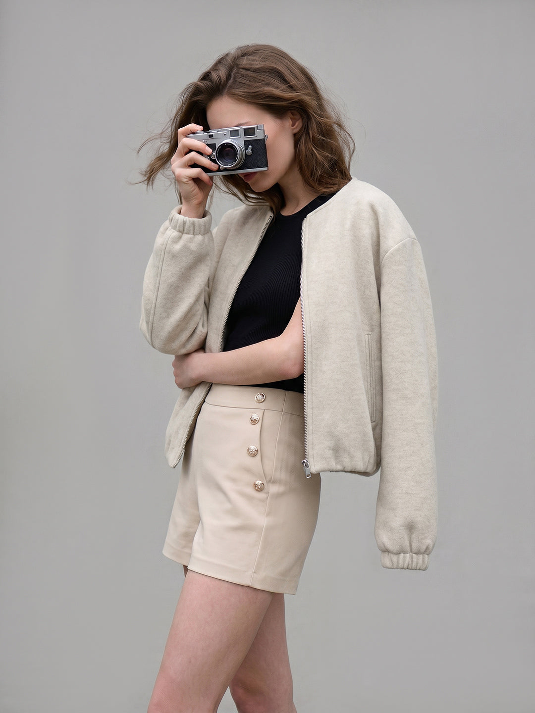 Cream Zip Front Bomber Jacket