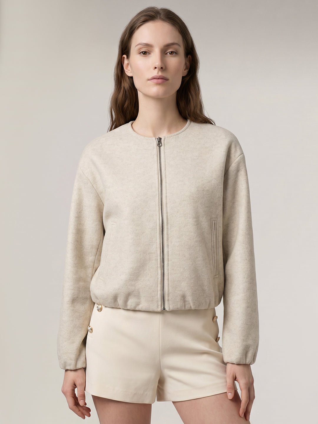 Cream Zip Front Bomber Jacket