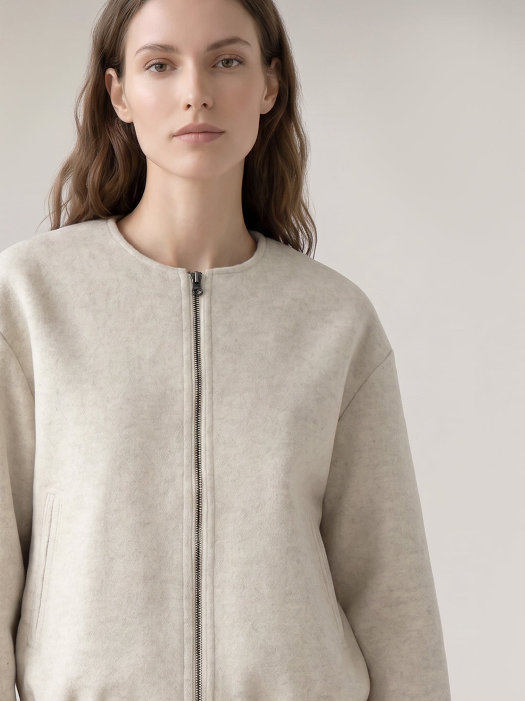 Cream Zip Front Bomber Jacket