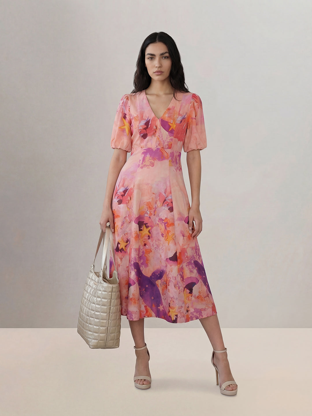 Pink Floral V-Neck Midi Dress