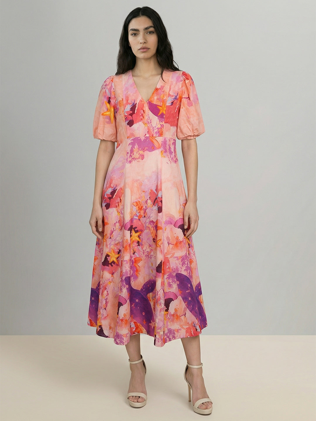 Pink Floral V-Neck Midi Dress