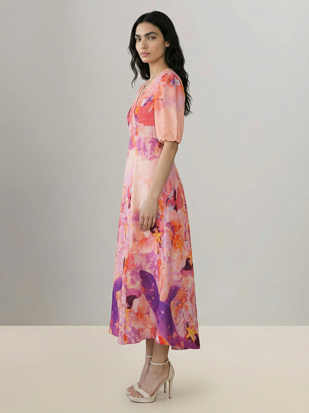 Pink Floral V-Neck Midi Dress