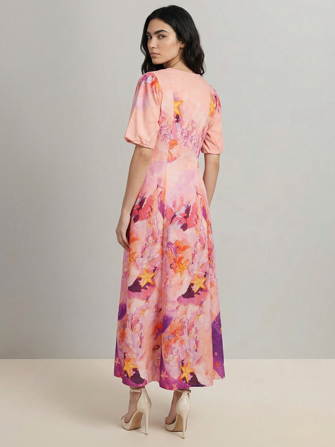 Pink Floral V-Neck Midi Dress