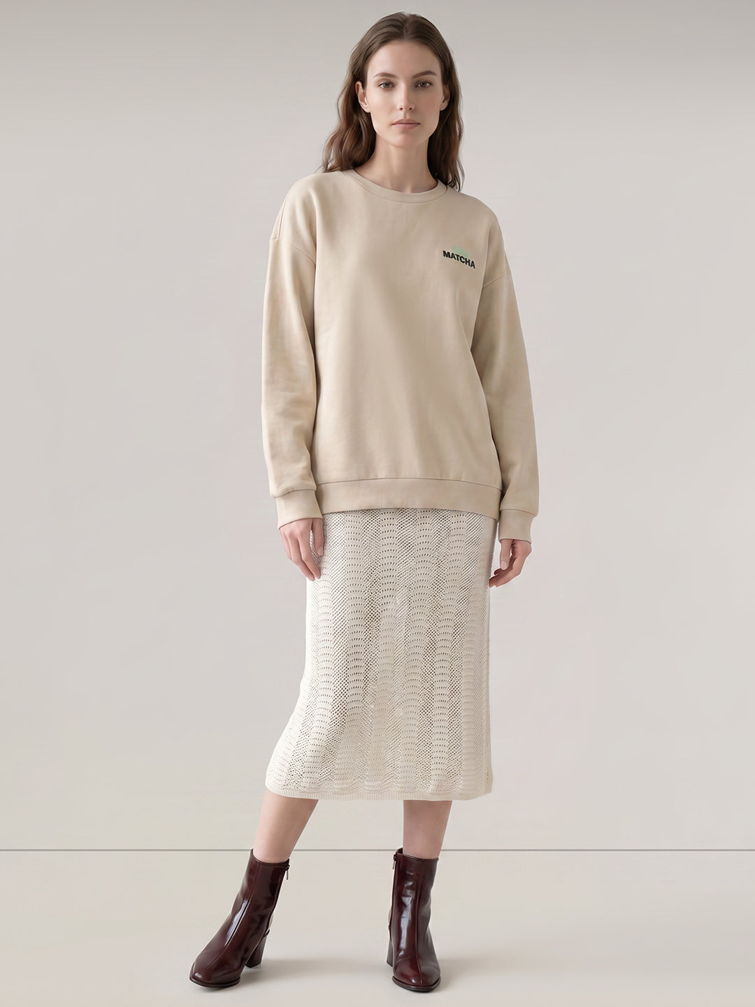 Beige Printed Boxy Fit Sweatshirt