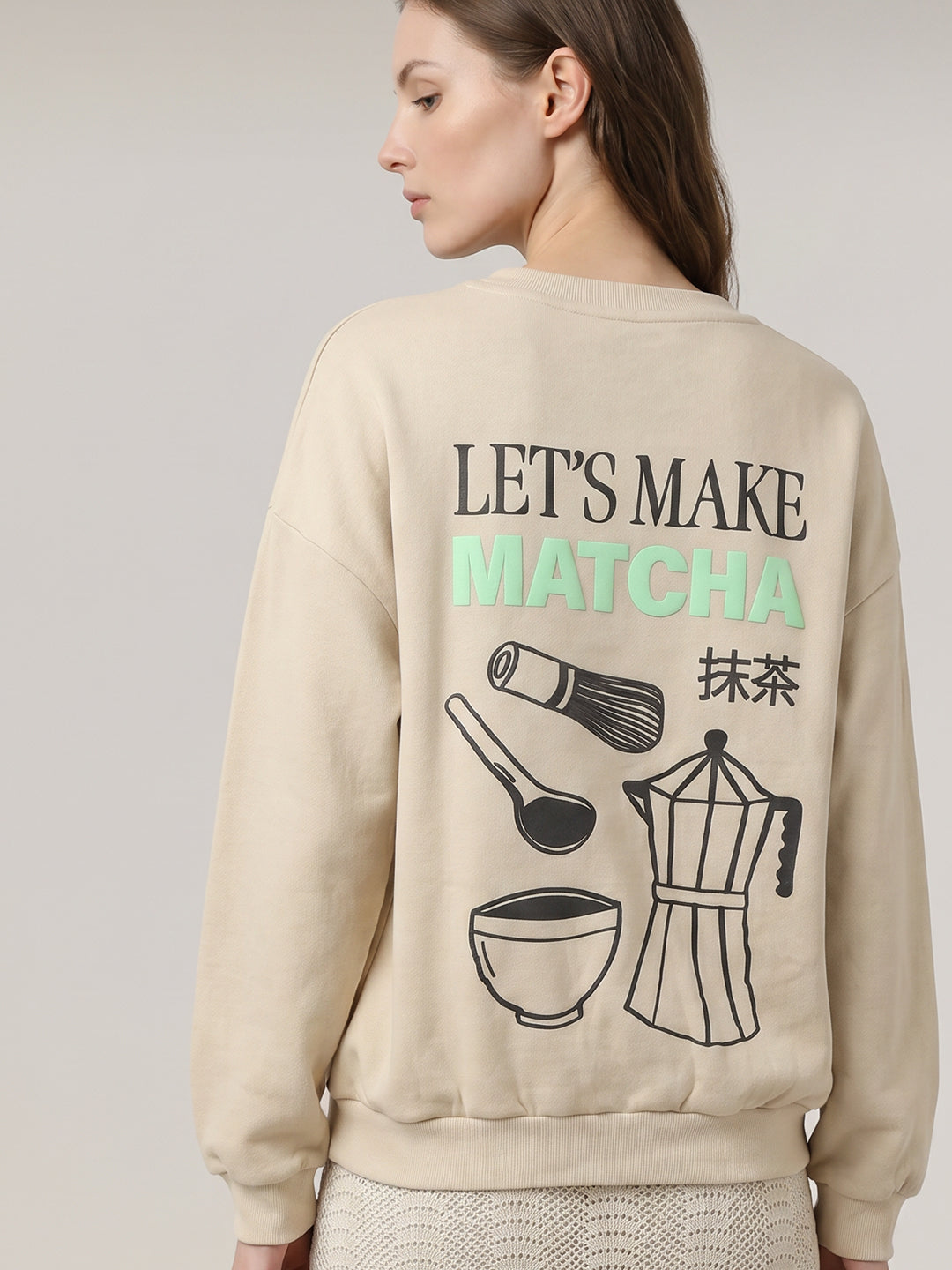 Beige Printed Boxy Fit Sweatshirt
