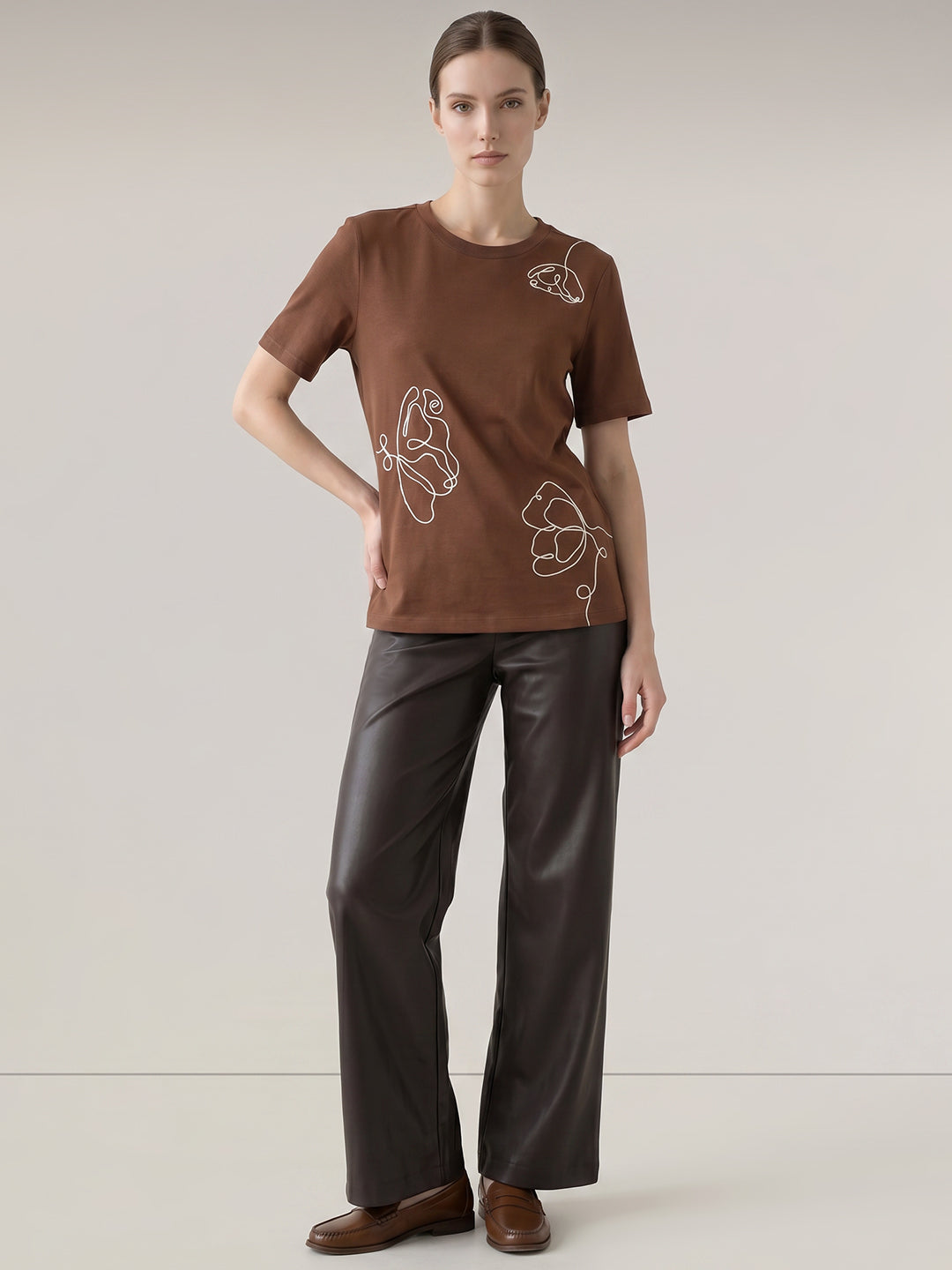 Dark Brown Printed O-Neck T-shirt