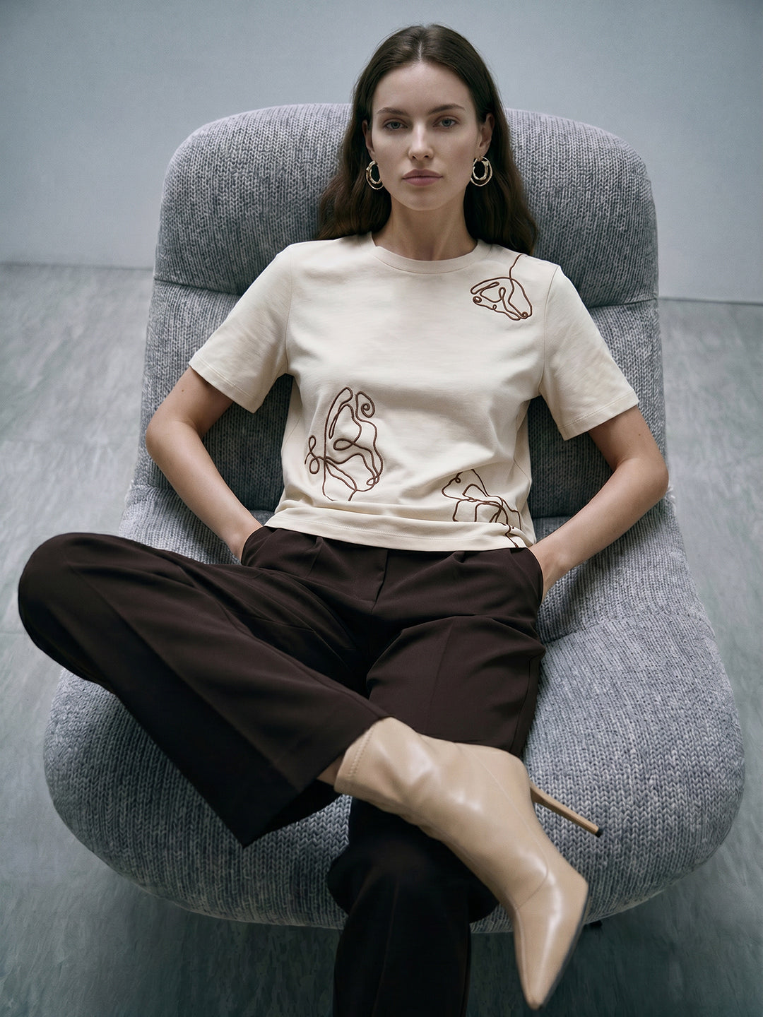 Beige Printed O-Neck T-shirt
