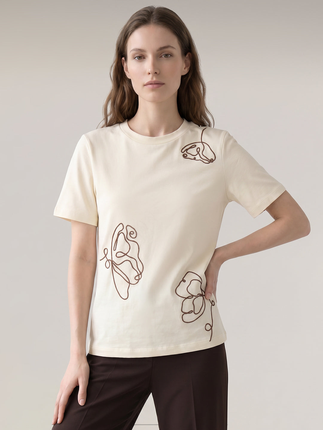 Beige Printed O-Neck T-shirt