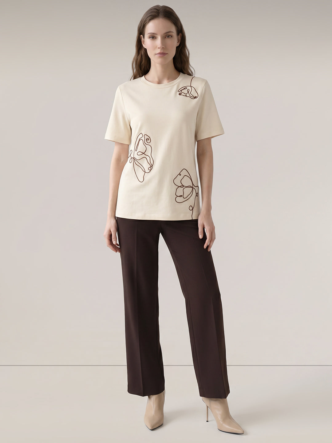 Beige Printed O-Neck T-shirt