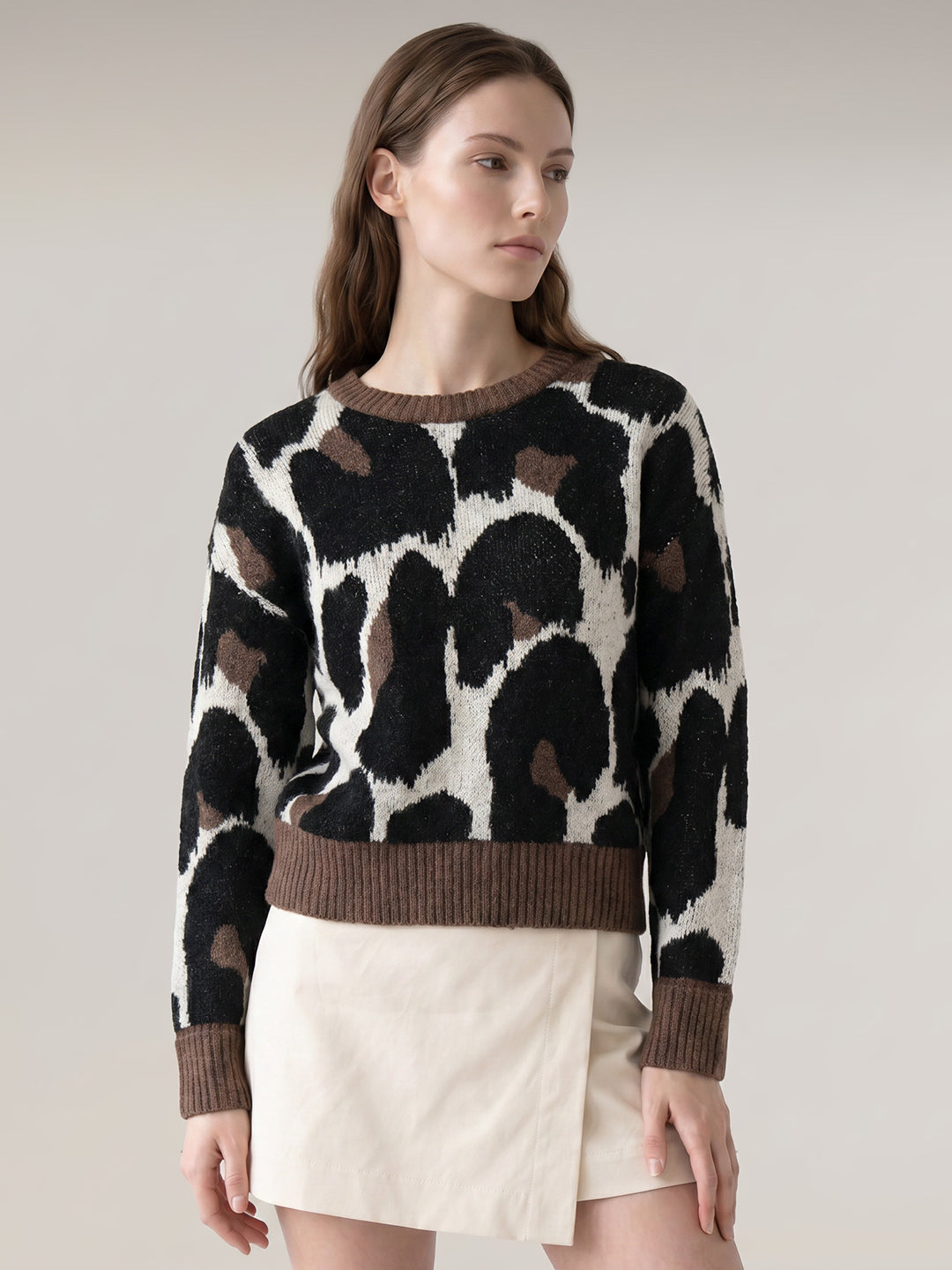 Brown Animal Print O-Neck Pullover