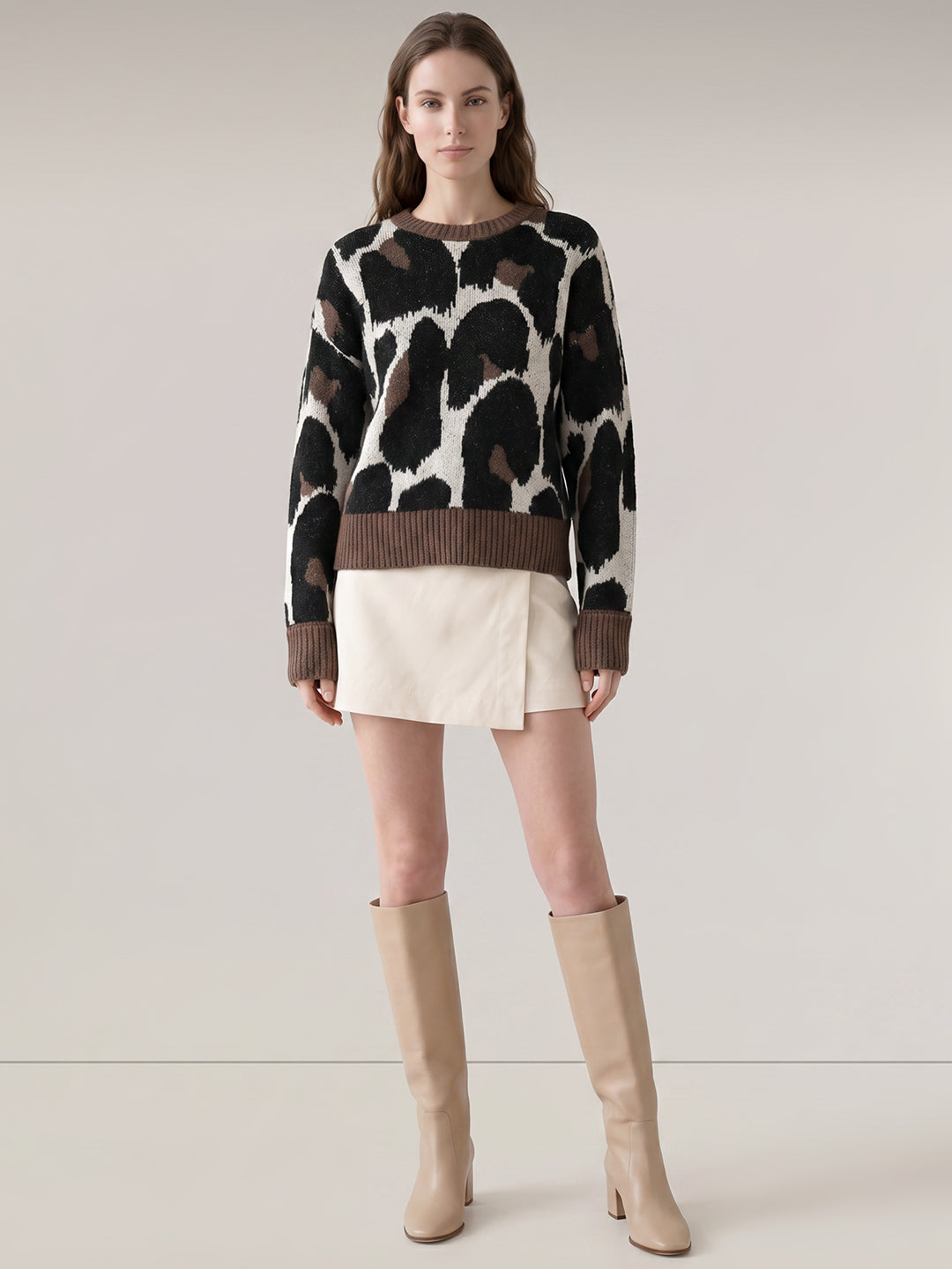 Brown Animal Print O-Neck Pullover