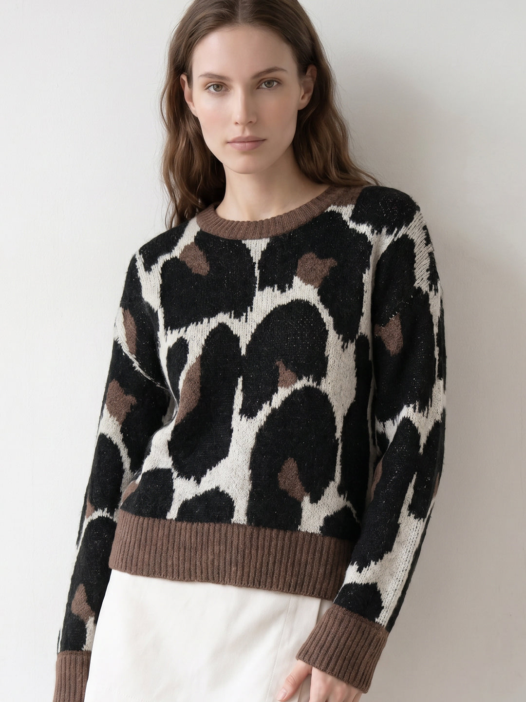 Brown Animal Print O-Neck Pullover