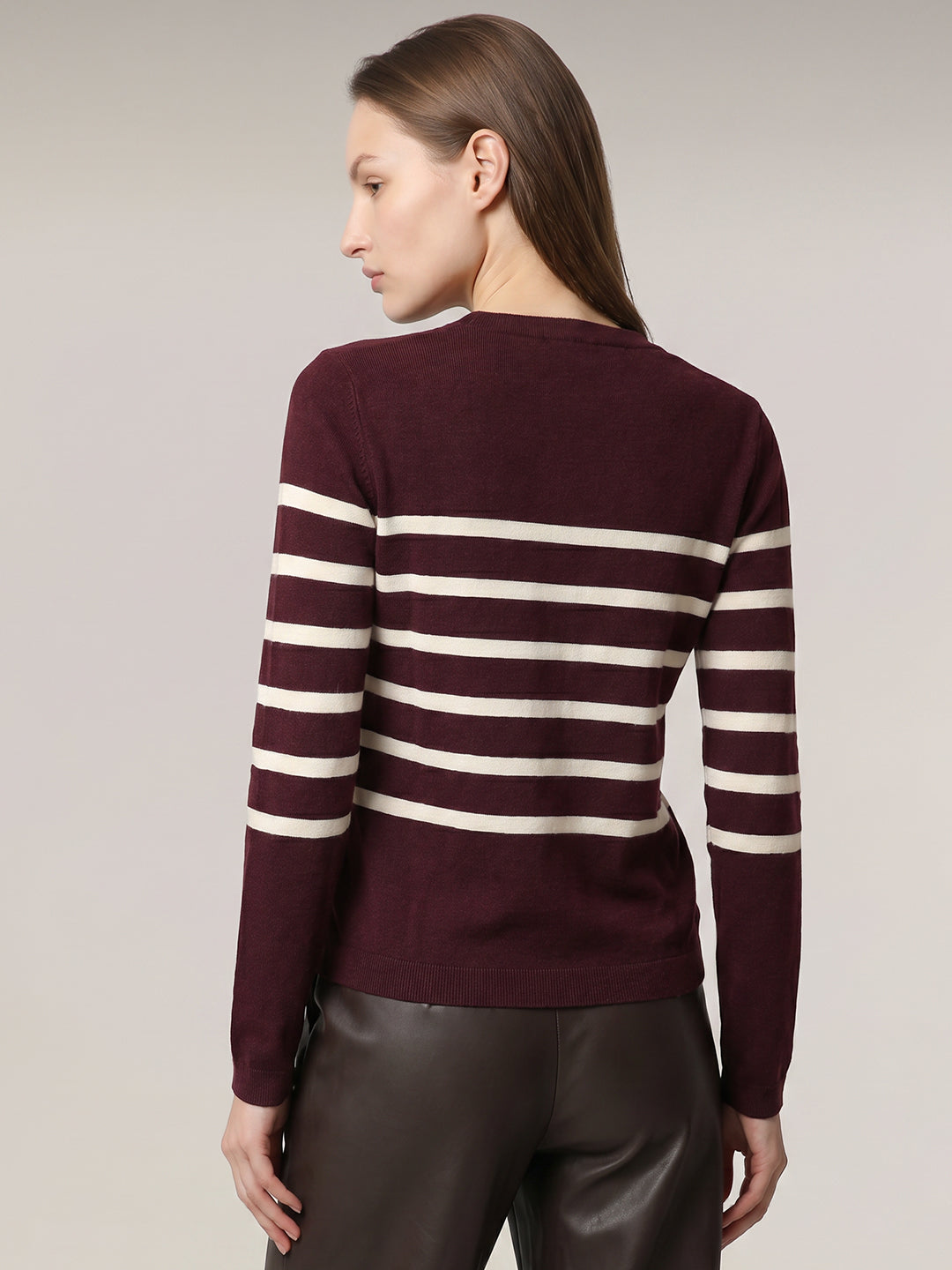 Burgundy Striped O-Neck Pullover