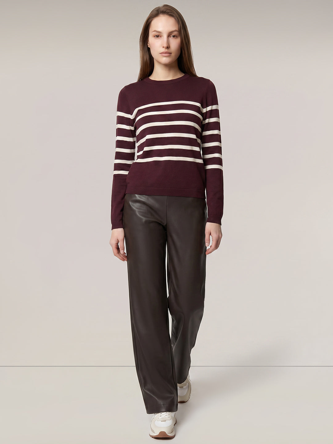 Burgundy Striped O-Neck Pullover