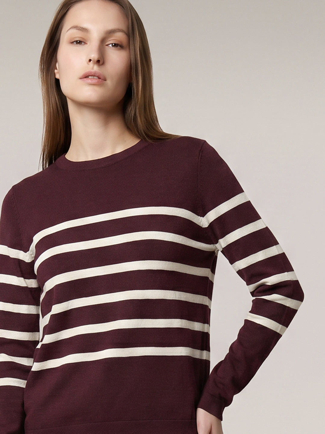 Burgundy Striped O-Neck Pullover