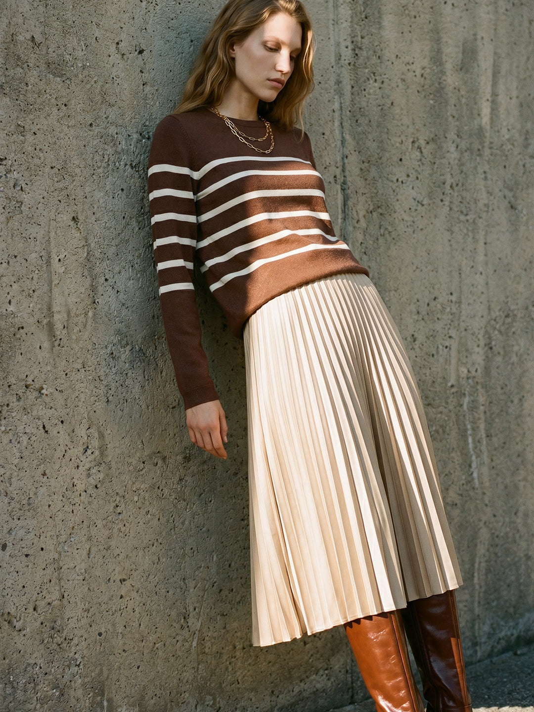 Brown Striped O-Neck Pullover
