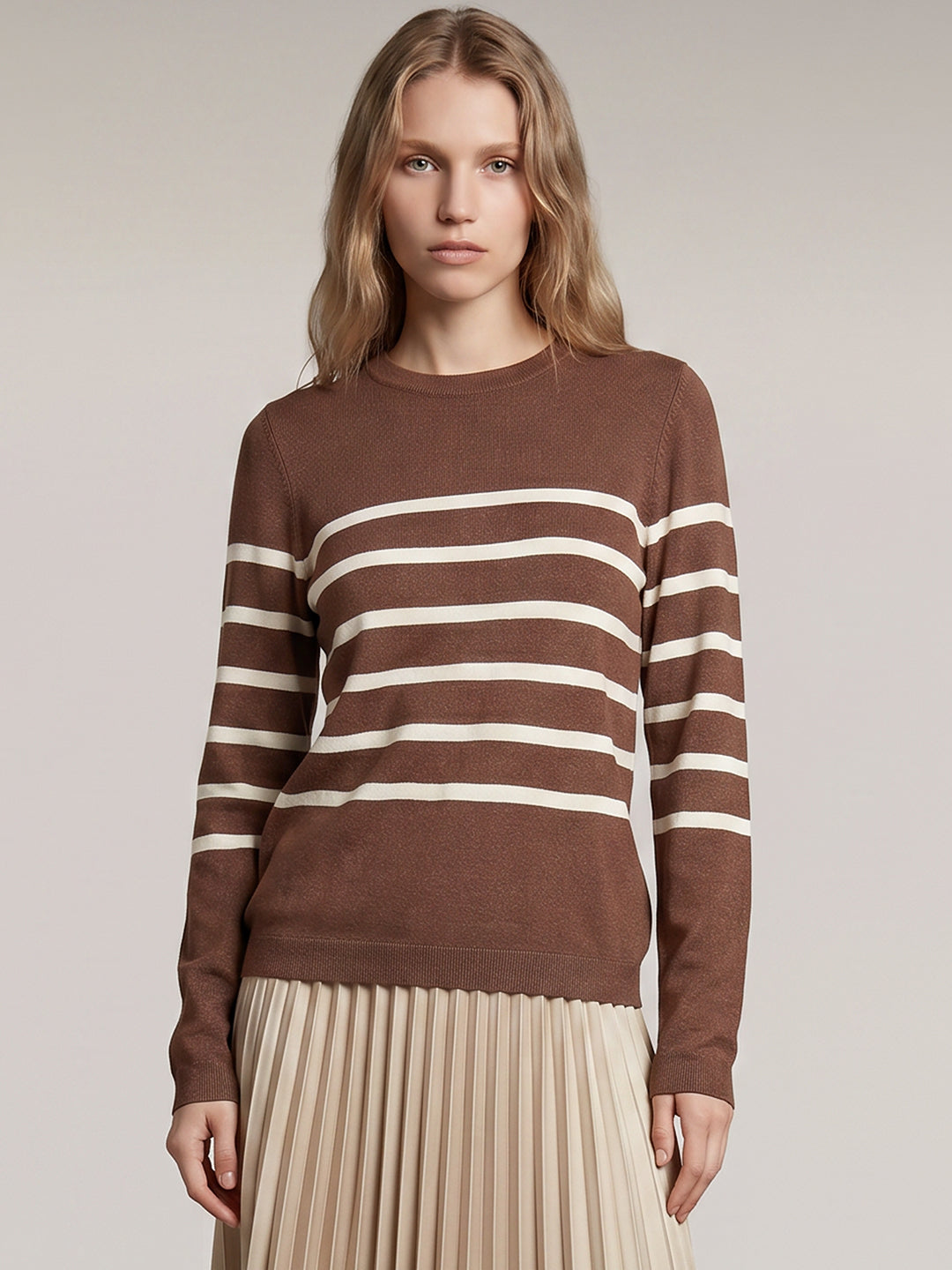 Brown Striped O-Neck Pullover