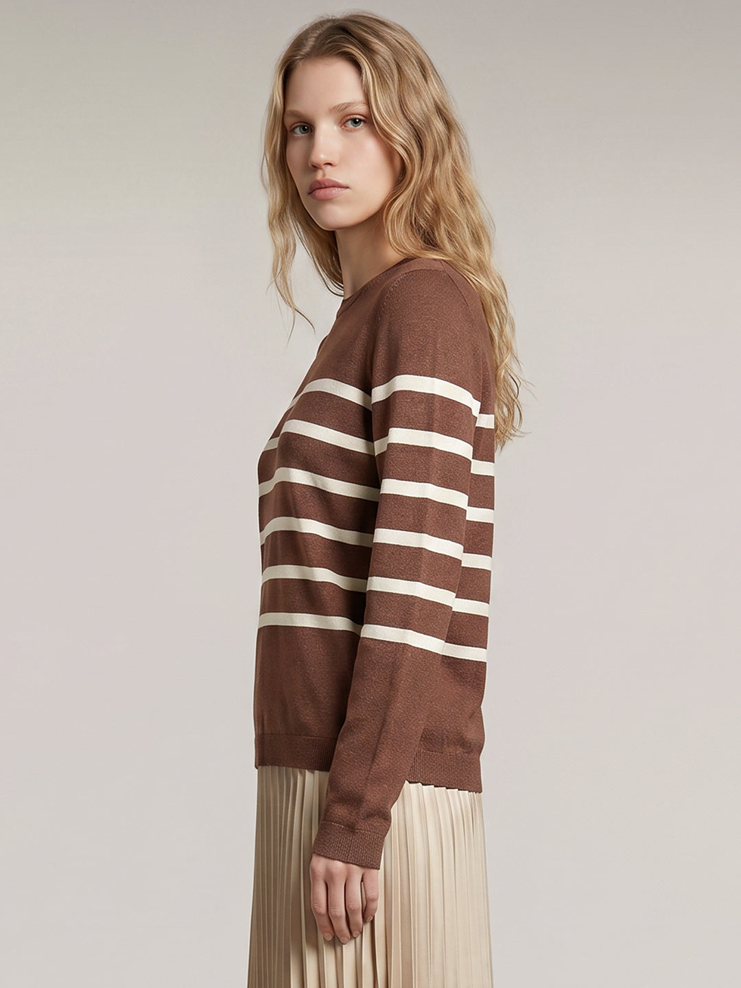 Brown Striped O-Neck Pullover